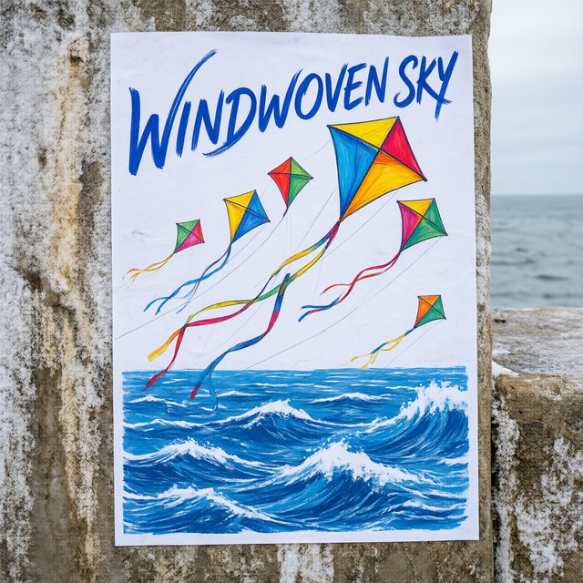 On a salt-stained seawall, a printed poster for a kite-making exhibition shows bright diamond kites sweeping above blue waves; “WINDWOVEN SKY” is screen-printed in sweeping cobalt script, with no other legible writing. — Model 17