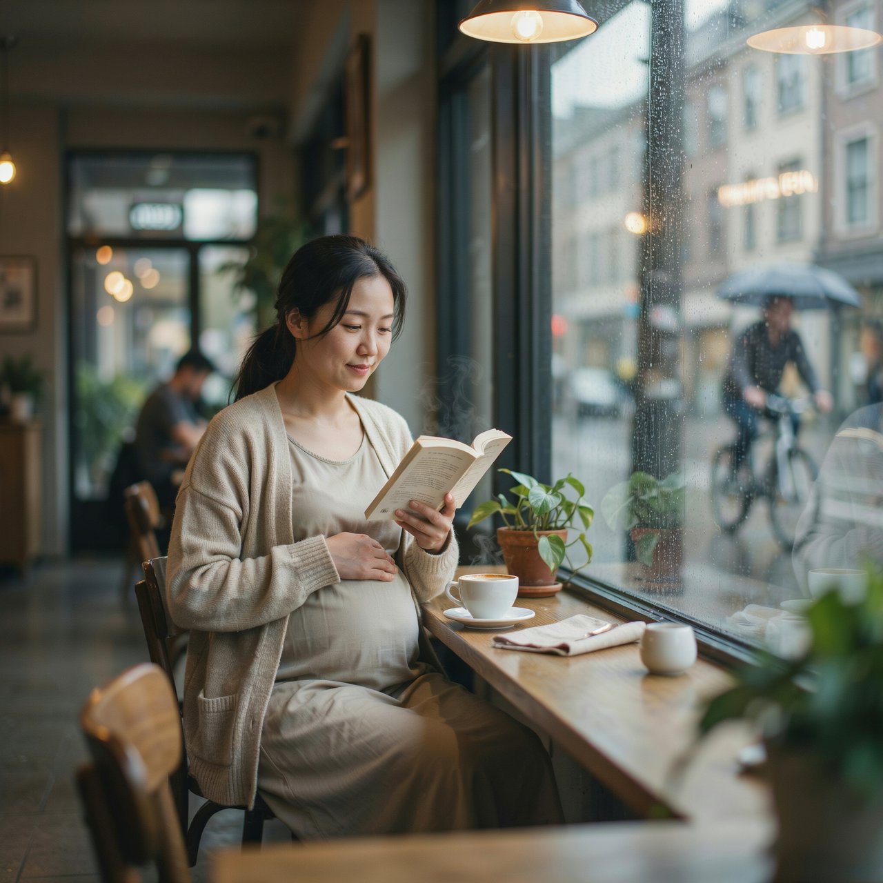 Photorealistic cinematic scene of a pregnant Chinese woman sitting in a cozy café by the window, reading a book. She appears calm, gentle, and thoughtful, with one hand resting naturally near her belly. On the table beside her is a cup of coffee, softly steaming. Outside the large window, heavy rain pours down, with streaks of water on the glass and a blurred rainy street beyond. The café interior is warm and inviting, with soft ambient lighting, wooden textures, and a peaceful atmosphere that contrasts with the storm outside. The composition should feel intimate, emotional, and serene, with the woman as the clear focal point. — Ideogram v4