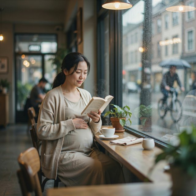 Photorealistic cinematic scene of a pregnant Chinese woman sitting in a cozy café by the window, reading a book. She appears calm, gentle, and thoughtful, with one hand resting naturally near her belly. On the table beside her is a cup of coffee, softly steaming. Outside the large window, heavy rain pours down, with streaks of water on the glass and a blurred rainy street beyond. The café interior is warm and inviting, with soft ambient lighting, wooden textures, and a peaceful atmosphere that contrasts with the storm outside. The composition should feel intimate, emotional, and serene, with the woman as the clear focal point. — Ideogram v4