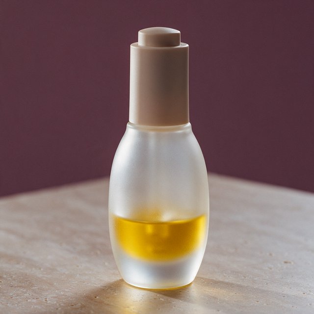 Under a broad diffused key and cool edge light, an unbranded frosted-glass serum bottle displays clear golden oil against a muted plum background, resting on honed pale travertine with its blank surface free of lettering. — Seedream 5.0 Pro
