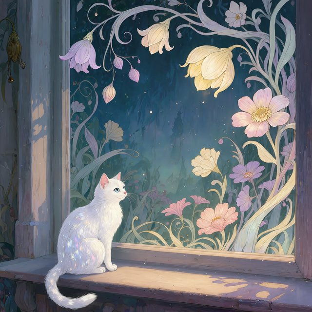 A whimsical cat with fur like spun moonlight sits on a windowsill overlooking a dreamlike garden. The garden is filled with oversized, fantastical flowers rendered in a soft, painterly style, with elements of Art Nouveau curves in the plant designs. The overall mood is serene and enchanting. — Model 9