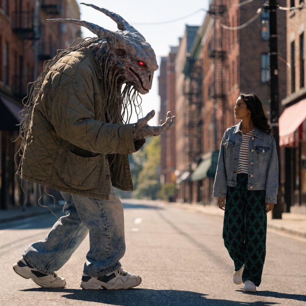 Alien monster walking down the street, greeting a beautiful woman walking toward him down the street on a lovely sunny day! — Recraft v4