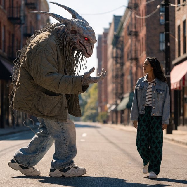 Alien monster walking down the street, greeting a beautiful woman walking toward him down the street on a lovely sunny day! — Recraft v4