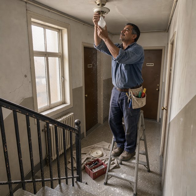 Candid documentary photograph of an adult building caretaker changing a ceiling light in a quiet apartment stairwell, pale afternoon window light, 35mm lens with moderate depth of field, plaster dust drifting from the fixture. — FLUX 3 Image