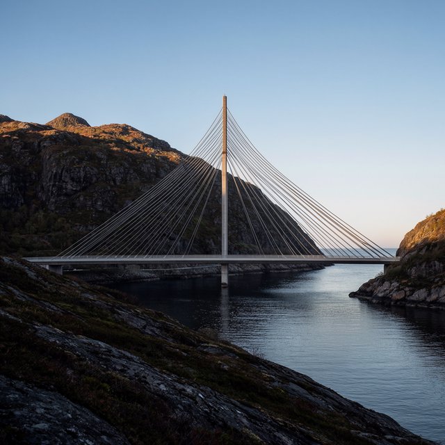 Across a sheltered coastal inlet, a contemporary high-tech cable-stayed bridge spans between granite shores, its slender steel pylons and pale concrete deck catching cool sunrise light; viewed from a rocky bank, straight lines and credible engineering define the scene. — Krea 2 Large