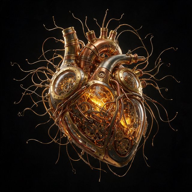 A beautifully intricate mechanical heart floating alone in deep darkness, designed like an exquisite piece of horological sculpture. Its polished brass, copper, and dark steel chambers are partially open, revealing layers of tiny interlocking gears, delicate springs, pistons, and precision mechanisms within. Sections of crystal-clear glass expose deeper workings, while slender tubes carry a faintly glowing fluid through the heart like an artificial bloodstream. Tiny gears turn and pistons move, suggesting that the heart is genuinely functioning. Fine mechanical filaments curl outward like veins and arteries, catching subtle highlights from the warm inner glow. Elegant steampunk aesthetic, dramatic cinematic lighting, rich metallic textures, intricate reflections, mysterious atmosphere. — Seedream 5.0 Pro