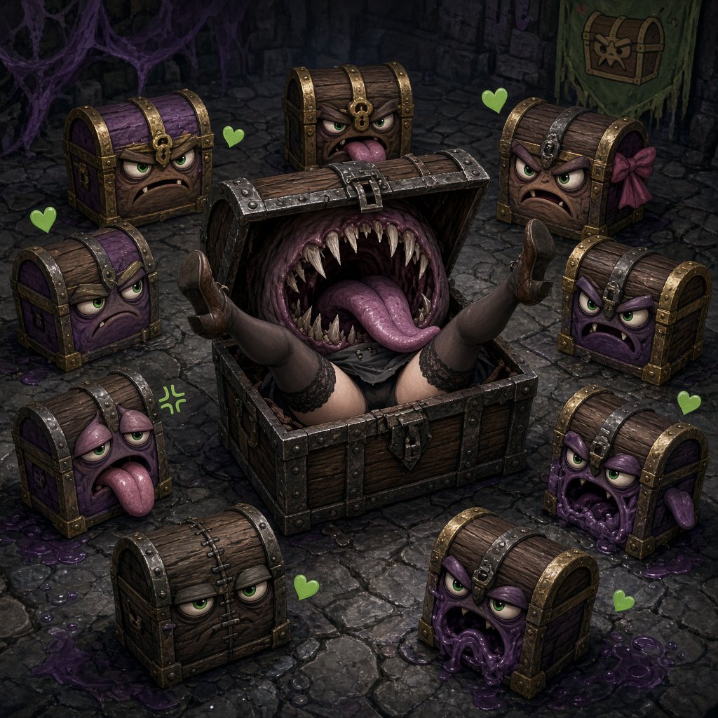 An adult swallowed by an inert mimic chest, with their legs in stockings sticking out of the chest and kicking around. A bunch of envious, cute mimic chests surround it, looking obviously jealous. — Grok Imagine Image 2