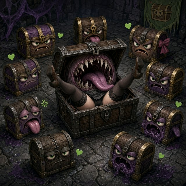An adult swallowed by an inert mimic chest, with their legs in stockings sticking out of the chest and kicking around. A bunch of envious, cute mimic chests surround it, looking obviously jealous. — Grok Imagine Image 2