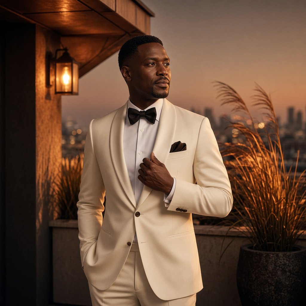 Under the copper glow of a rooftop terrace, an adult Black man in a tailored cream dinner suit is caught smoothing his lapel as evening breeze stirs nearby grasses; calm poise, sculpted shadows and refined fashion-magazine polish. — Grok Imagine Image 2