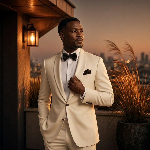 Under the copper glow of a rooftop terrace, an adult Black man in a tailored cream dinner suit is caught smoothing his lapel as evening breeze stirs nearby grasses; calm poise, sculpted shadows and refined fashion-magazine polish. — Grok Imagine Image 2