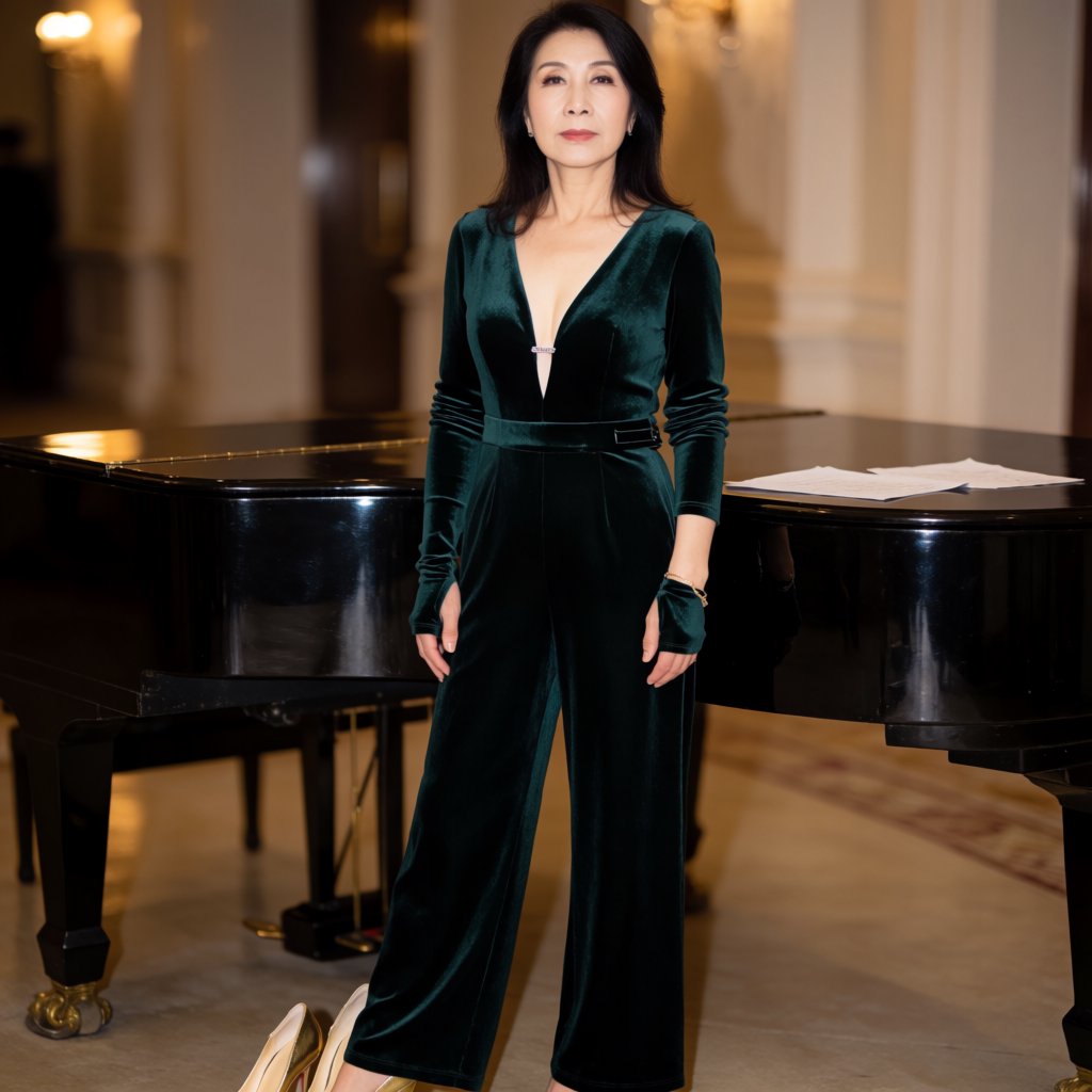 Editorial glamour photograph of an adult woman in a midnight-green velvet evening jumpsuit, standing naturally beside a grand piano in a softly lit salon, warm flattering light, relaxed hands, elegant posture, sophisticated fashion composition. — Krea 2 Medium
