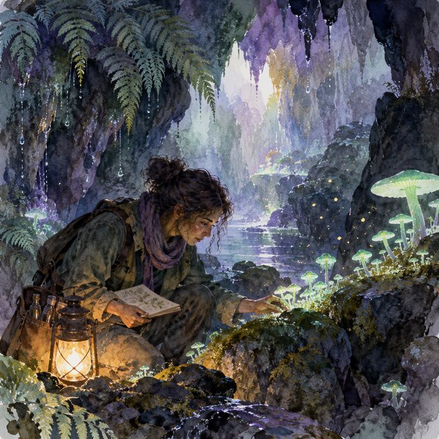 Watercolour illustration of an adult botanist studying luminous fungi in a misty cave, with fern fronds, glistening stone and drifting spores. Palette of jade, lilac, amber, and deep indigo, with translucent washes. — GPT Image 2.5 Sunburst