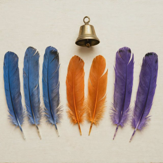 Exactly seven feathers lie on a cream tabletop: three blue on the left, two orange in the center, and two purple on the right. A brass bell sits above the orange pair, nothing else. — Muse Image 1.0