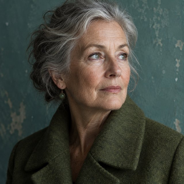 Beside a faded teal studio wall, a close-up fashion portrait frames an adult woman aged 68–76, her weathered skin softly detailed; she wears a moss-green wool coat and holds a calm, searching gaze in gentle side light. — Model 3