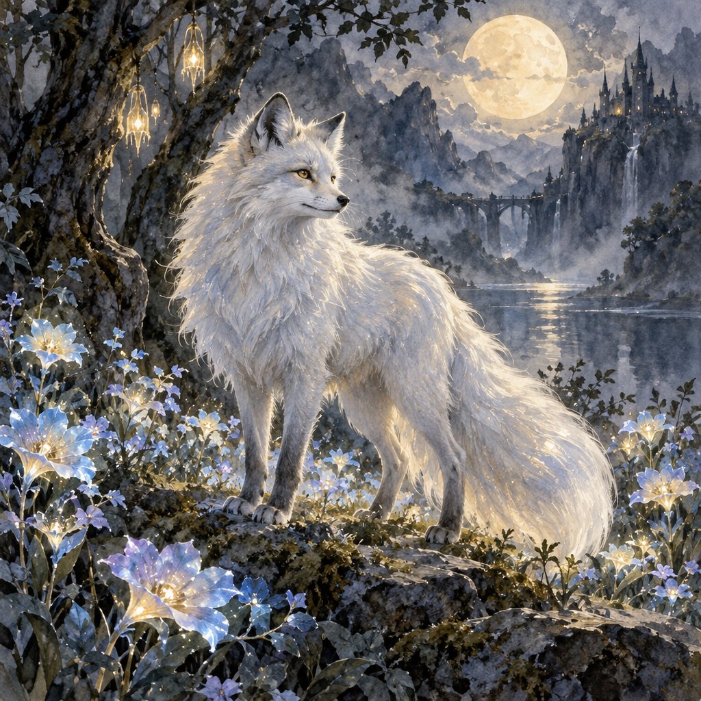 A majestic fox with fur like spun moonlight, standing in a clearing bathed in ethereal light. Bioluminescent flowers bloom around its paws, casting a soft, otherworldly glow. The scene is rendered in a detailed watercolor illustration style, with delicate brushstrokes and a muted, mystical color palette. Cinematic lighting emphasizes the magical ambiance. — GPT Image 2.5 Sunburst