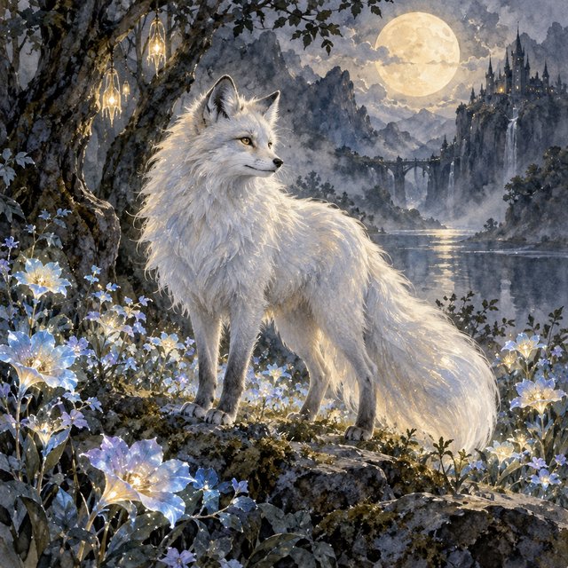 A majestic fox with fur like spun moonlight, standing in a clearing bathed in ethereal light. Bioluminescent flowers bloom around its paws, casting a soft, otherworldly glow. The scene is rendered in a detailed watercolor illustration style, with delicate brushstrokes and a muted, mystical color palette. Cinematic lighting emphasizes the magical ambiance. — Model 4