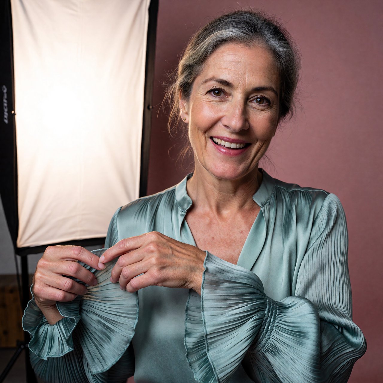 Portrait photograph of an adult woman in her early 60s wearing a softly pleated sea-green silk blouse, hands brushing its gathered sleeve fabric. Her amused, open expression stands against a matte rose backdrop, illuminated by broad, gentle studio light. — ImagineArt 1.5 Pro