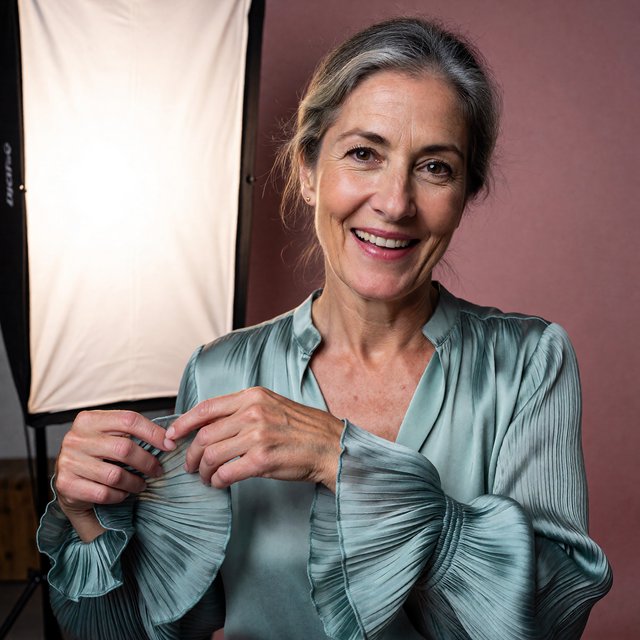 Portrait photograph of an adult woman in her early 60s wearing a softly pleated sea-green silk blouse, hands brushing its gathered sleeve fabric. Her amused, open expression stands against a matte rose backdrop, illuminated by broad, gentle studio light. — ImagineArt 1.5 Pro