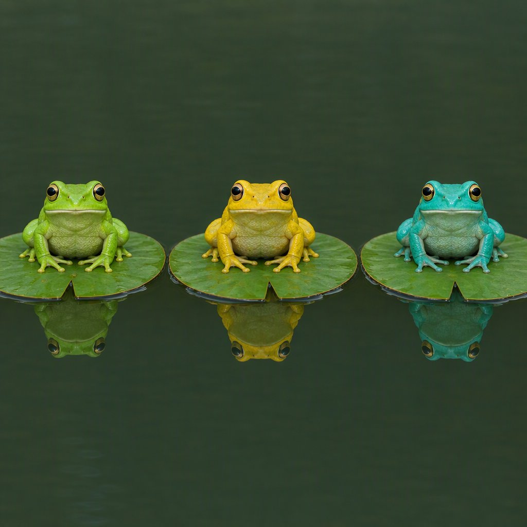 A still pond holds exactly three frogs on separate lily pads: a lime-green frog at the left, a golden-yellow frog in the center, and a turquoise frog at the right. All face forward; nothing else. — GPT Image 2.5 Flare