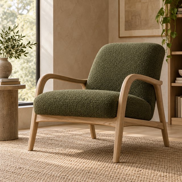 In a quiet reading-room corner, an unbranded lounge chair pairs a curved ash frame with nubby moss-green wool upholstery, set on a pale jute rug before a warm plaster wall; broad window diffusion and soft bounce shape this commercial product image, with no lettering. — GPT Image 2.5 Sunburst