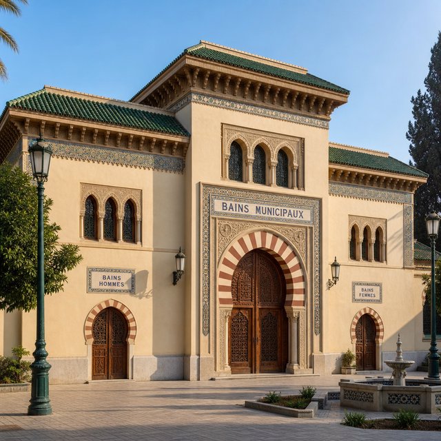 Exterior of a Moorish Revival municipal bathhouse, pale buff stucco, striped brick arches, green glazed tile roof and carved cedar doors; clear morning light, viewed across a paved courtyard, with coherent structure and crisp lines. — GPT Image 2