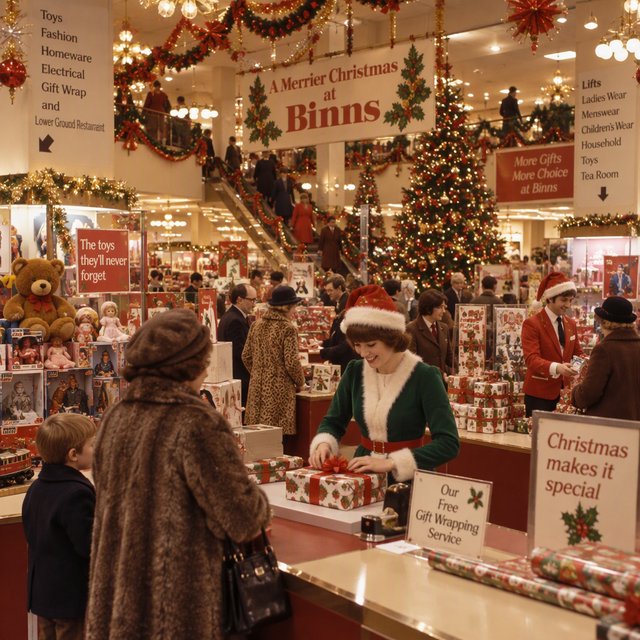 A UK department store in the 1970s at Christmas time. The lighting and decor will be very festive, with staff members dressed in festive outfits. — GPT Image 2.5 Sunburst