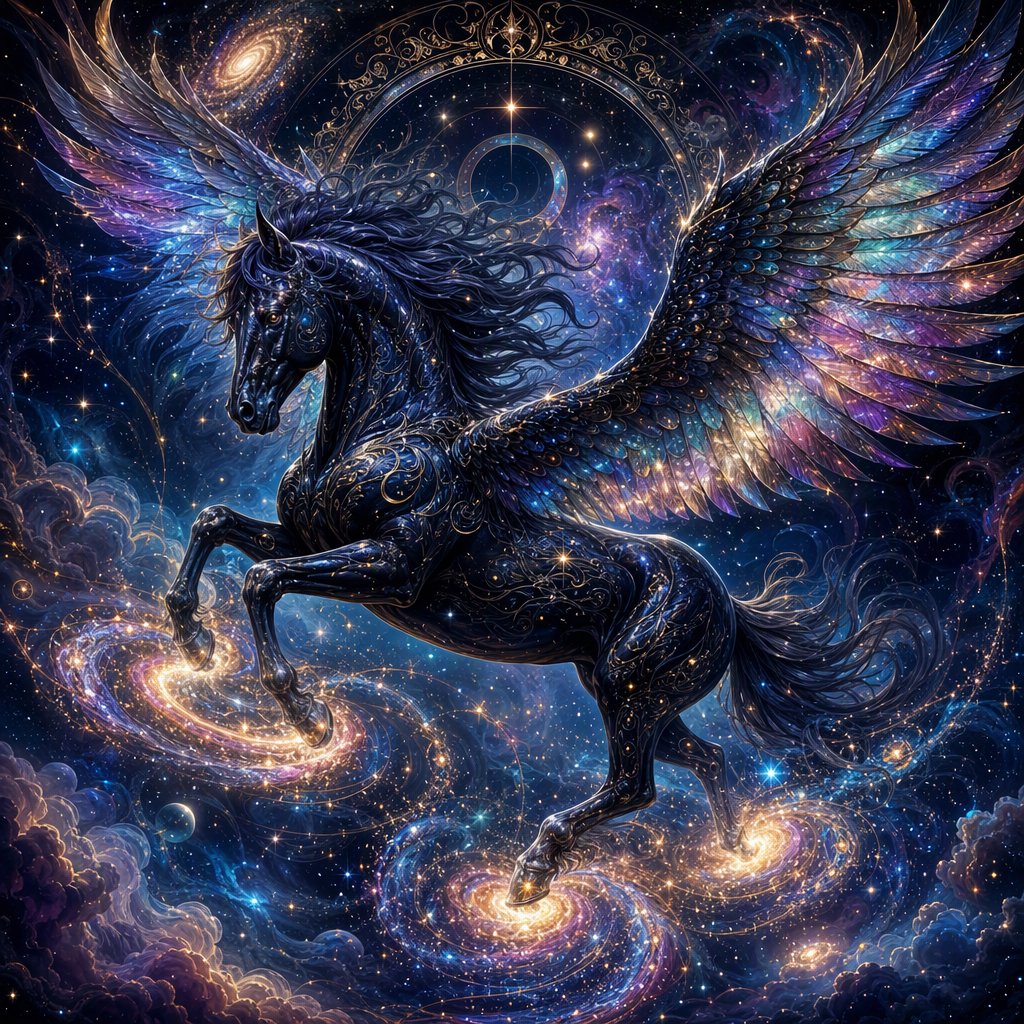 A majestic winged horse, with iridescent feathers and a coat like polished obsidian, is soaring through a celestial realm filled with nebulae and shimmering stardust. Around its hooves, tiny galaxies spiral outwards. The style is reminiscent of intricate fantasy illustration, with glowing, ethereal colors and a sense of deep cosmic wonder — GPT Image 2