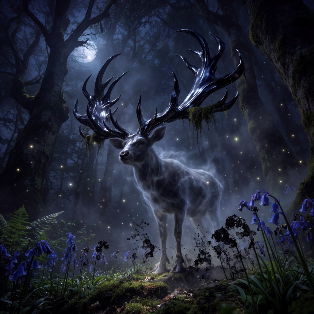 Low-angle wide shot, ancient overgrown oak forest at midnight: a colossal ghost stag looms, its semi-transparent form woven from swirling inky mist threaded with liquid silver moonlight. Polished obsidian antlers cut through shadow, jagged edges catching faint starlight, moss dangling from their points. Heavy hooves press into the loamy forest floor, wild bluebells and ferns curling black and crumbling to ash beneath each step. Hundreds of faint gold fireflies drift slowly through thick volumetric fog, their glows diffused in the haze. Deep indigo and charcoal color palette, somber quiet dread, atmospheric dark fantasy aesthetic, soft dappled moonlight filtering through a gnarled canopy, cinematic depth of field, sharp fine edges on the stag's antlers and decaying foliage. — Krea 2 Large