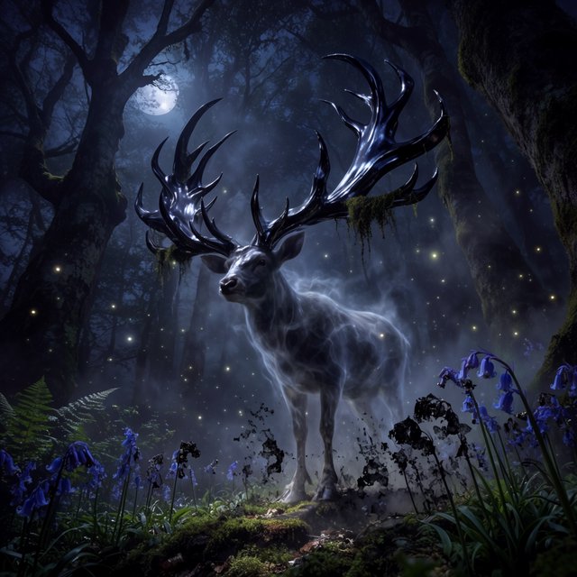 Low-angle wide shot, ancient overgrown oak forest at midnight: a colossal ghost stag looms, its semi-transparent form woven from swirling inky mist threaded with liquid silver moonlight. Polished obsidian antlers cut through shadow, jagged edges catching faint starlight, moss dangling from their points. Heavy hooves press into the loamy forest floor, wild bluebells and ferns curling black and crumbling to ash beneath each step. Hundreds of faint gold fireflies drift slowly through thick volumetric fog, their glows diffused in the haze. Deep indigo and charcoal color palette, somber quiet dread, atmospheric dark fantasy aesthetic, soft dappled moonlight filtering through a gnarled canopy, cinematic depth of field, sharp fine edges on the stag's antlers and decaying foliage. — Krea 2 Large