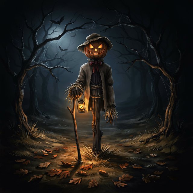 Chiaroscuro contrast, inner-lit glows, dense central detail fading into haze and velvety darkness. A pumpkin-headed scarecrow with a jack-o-lantern face, glowing eyes, stitched grin, bow tie, bark torso, and wooden staff stands in a night forest clearing with dry grass, cobwebs, bats, bare branches, — Model 6