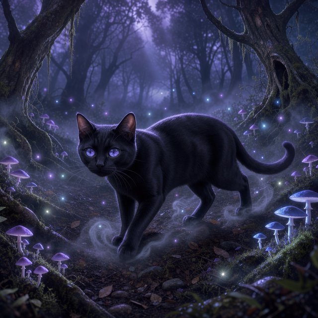 A sleek, obsidian cat with fur that seems to absorb all light, walks with quiet grace through a tranquil, mist-shrouded forest. Its eyes glow with an inner cosmic energy, reflecting distant nebulae. Ethereal fireflies drift around it, illuminating ancient, gnarled trees and glowing mushrooms. The style is deeply atmospheric, emphasizing soft focus and a palette of deep purples and blues. — FLUX 3 Image