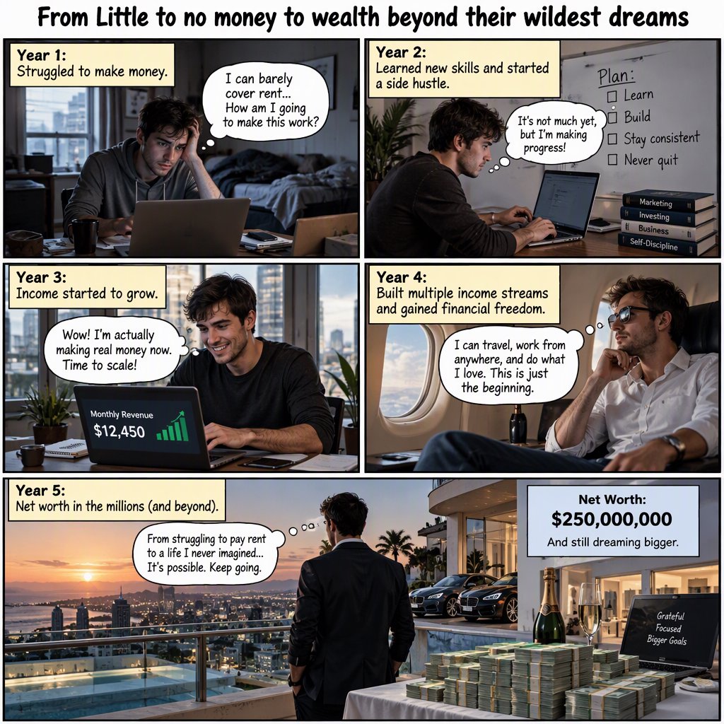 Realistic comic. At least 4 panels. It showcases 5 years of someone's life, from the first year, when they struggled to make money, to the fifth year, when they are worth millions to billions of dollars. Make sure money is seen at least once in the image. At the top, it says "From Little to no money to wealth beyond their wildest dreams". — GPT Image 2.5 Sunburst