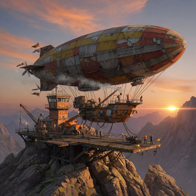 Concept art of a weathered cargo airship docking at a mountaintop station, crew tiny for scale, late afternoon light. — Grok Imagine Image Quality