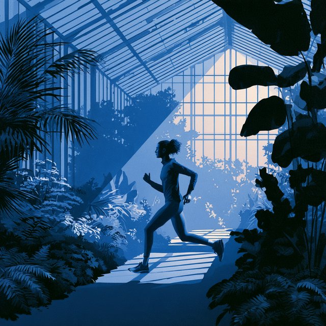Across a quiet greenhouse path, an adult woman in a cobalt fitness set is caught mid-stride on a morning run, cool dawn light tracing her focused profile; clean lines and poised styling evoke a fashion magazine. — Model 12