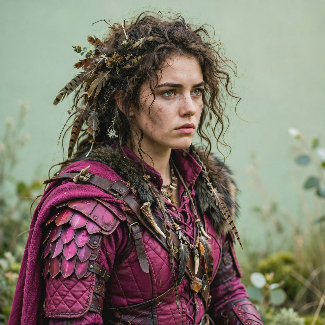 An image depicting a wild character dressed in magenta attire, an outfit, or armor. No text. A complementary pastel background. Lifestyle photography. — Muse Image 1.0