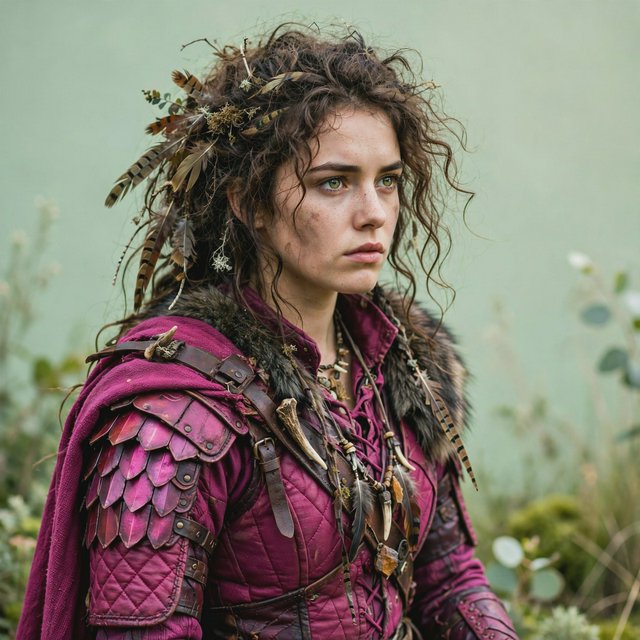 An image depicting a wild character dressed in magenta attire, an outfit, or armor. No text. A complementary pastel background. Lifestyle photography. — Muse Image 1.0