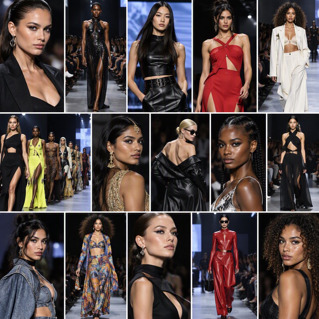 Adult female fashion models on the runway. There are models of all races: white, Black, Asian, Mexican, Indian, mixed race, etc. The vibe is cool and fierce. Many angles. — GPT Image 2.5 Flare