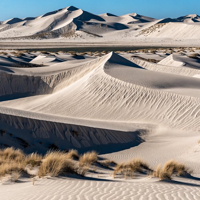 A pale gypsum dune field beneath a wind-brushed, cloudless midday sky, fine sand streaming over steep ridges; delicate ripple patterns and scattered salt-tolerant grasses sharpen the foreground as dunes soften toward a distant basin. — Recraft v4 Pro