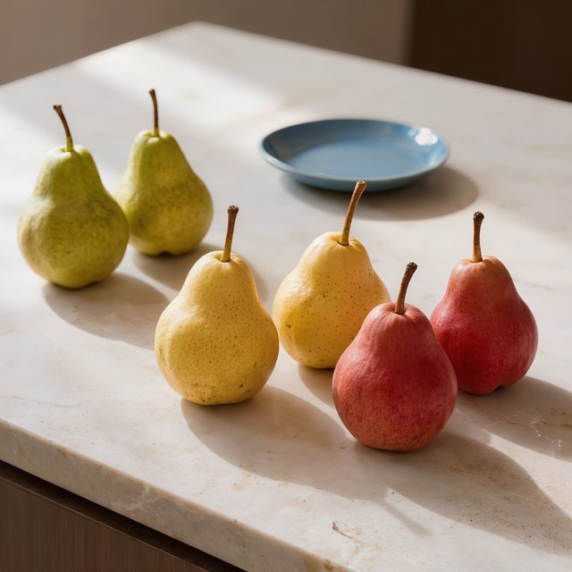 Exactly six ripe pears sit on a pale stone counter: two green pears on the left, two yellow pears in the center, and two red pears on the right. A small blue plate sits above the center pair, nothing else. — Kling v3