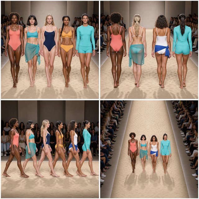 Realistic adult female models on the runway in beachwear. 4–7 models. Full front, back, side, and aerial views. — Model 1