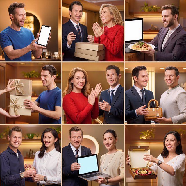 Realistic. Adults in the U.S., Canada, and Asia getting a ton of expensive free stuff (phones, PCs, nice food, and all kinds of other things). 4–6 panels. The adults react in the way one would expect as a result. — Kling v3
