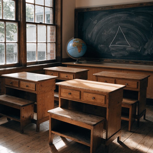 A classroom with exactly four desks in two rows, a globe on the teacher's desk, a chalkboard with a single drawn triangle, empty of people. — Recraft v4 Pro