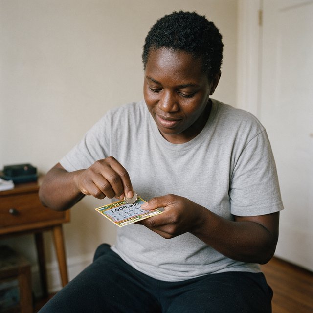 A realistic scene of a random adult person, either Black, white, or Asian, scratching a scratch ticket and discovering that they have won one million dollars. — Seedream 5.0 Pro