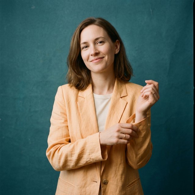 Portrait photograph of an adult woman in her early 30s wearing a pale apricot linen blazer, her hands gently smoothing its cuff. She looks quietly delighted against a deep teal paper backdrop, illuminated by soft, angled studio light. — Nano Banana 2.1