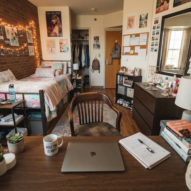 A dorm room belonging to an adult woman, photographed with a cell phone. The camera is sitting on a desk facing the empty chair and the rest of the room. — Nano Banana 2 Lite