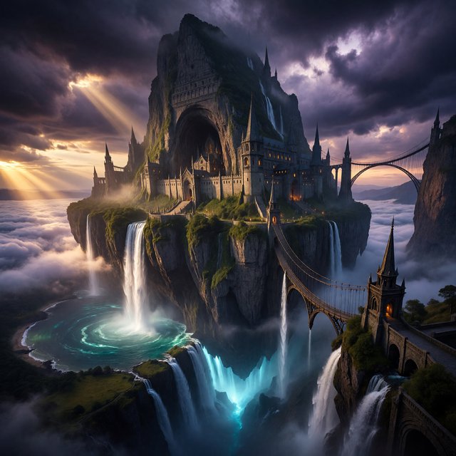 A colossal cliffside monastery hangs beneath a floating island, its waterfalls falling into luminous cloud seas. Bronze bridges connect needle towers, while dawn rays pierce violet storms and tiny windows glow above an endless abyss. — ImagineArt 1.5 Pro