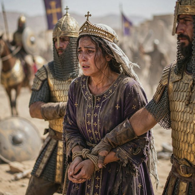 Film capture. Cinematic scene of the Byzantine empress being captured by Sassanid cataphracts. Harsh desert lighting. Shallow depth of field. The image takes place in the aftermath of a battle. All of the subjects are dusty and disheveled. — Muse Image 1.0