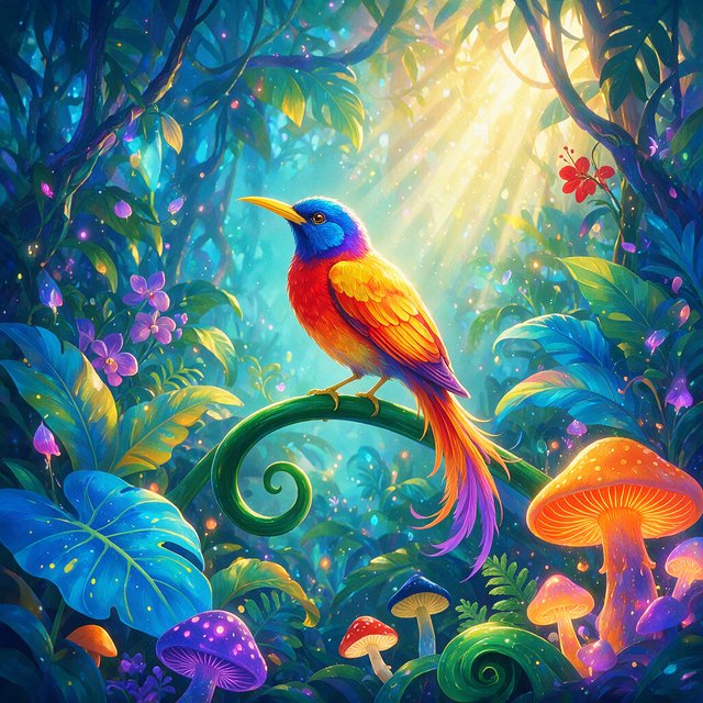 Create a vibrant digital artwork with clean lines depicting a small, colorful bird in the jungle. Combine rich, warm tones—such as soft orange, bold red, and dynamic yellow—with cool colors like brilliant blue, emerald green, and radiant violet. The atmosphere should feel fairytale-like, enhanced by striking lighting that underscores the scene's magic. Use bright, bold colors harmoniously to create a balanced composition. The overall style should be imaginative and captivating, transporting the viewer to another world. — Seedream 5.0 Pro