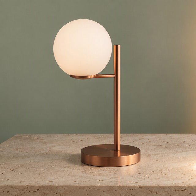 Commercial product photograph of an unbranded sculptural desk lamp with a frosted opal glass globe and brushed copper stem, standing on a pale travertine surface against a muted sage background, illuminated by soft overhead diffusion and a delicate warm rim light. — GPT Image 2.5 Sunburst