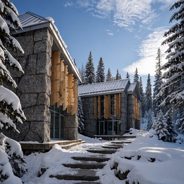 Exterior of a contemporary alpine research lodge in restrained regional modernism, rough granite walls, larch screens, steep standing-seam roof, crisp snow-bright morning light, viewed from below across a mountain footpath, sound structural geometry. — Recraft v4 Pro